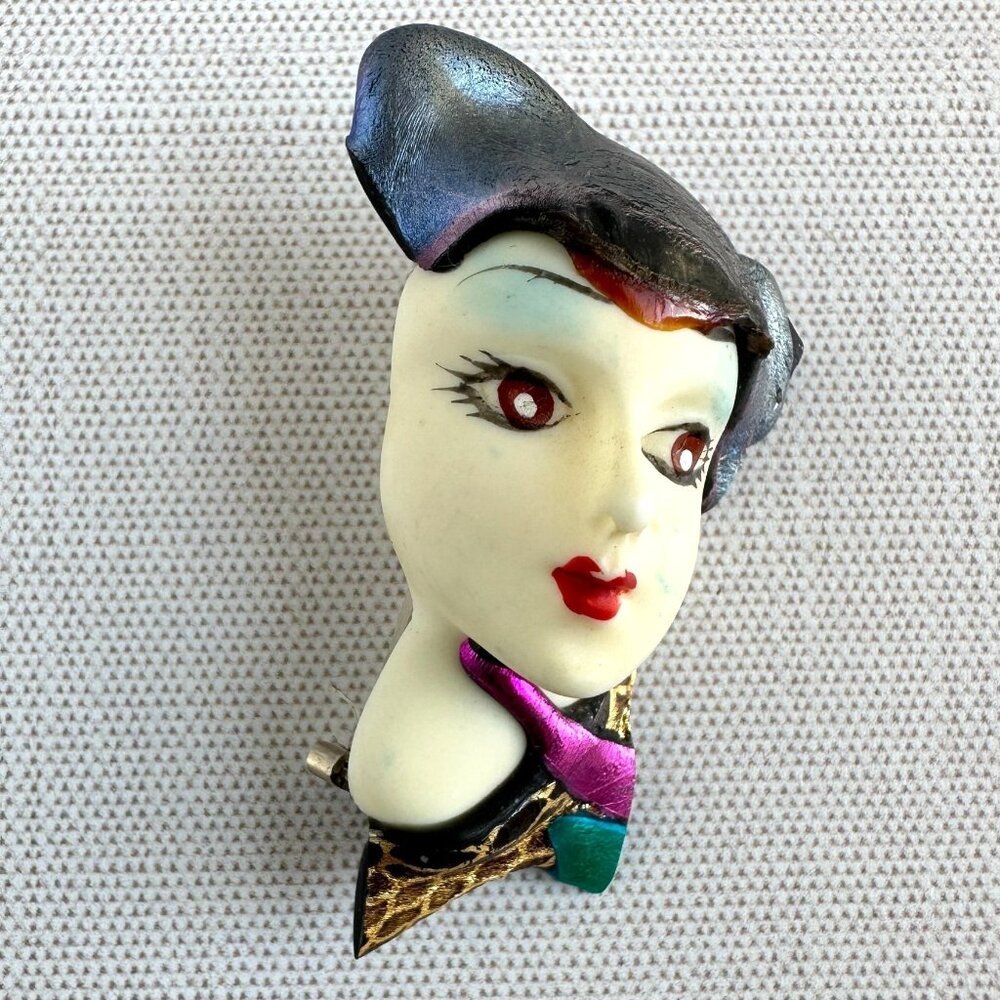 Vintage 1980s Hand-Painted Lady Face Brooch with Metallic Accents